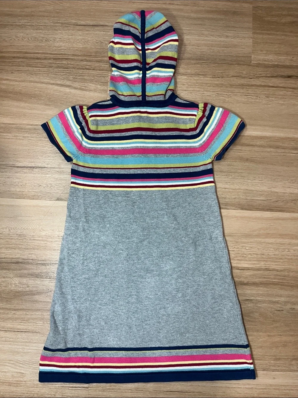 Hanna Andersson 2009 Gray Hooded Knit 100% Cotton Dress Multicolor Stripes 120